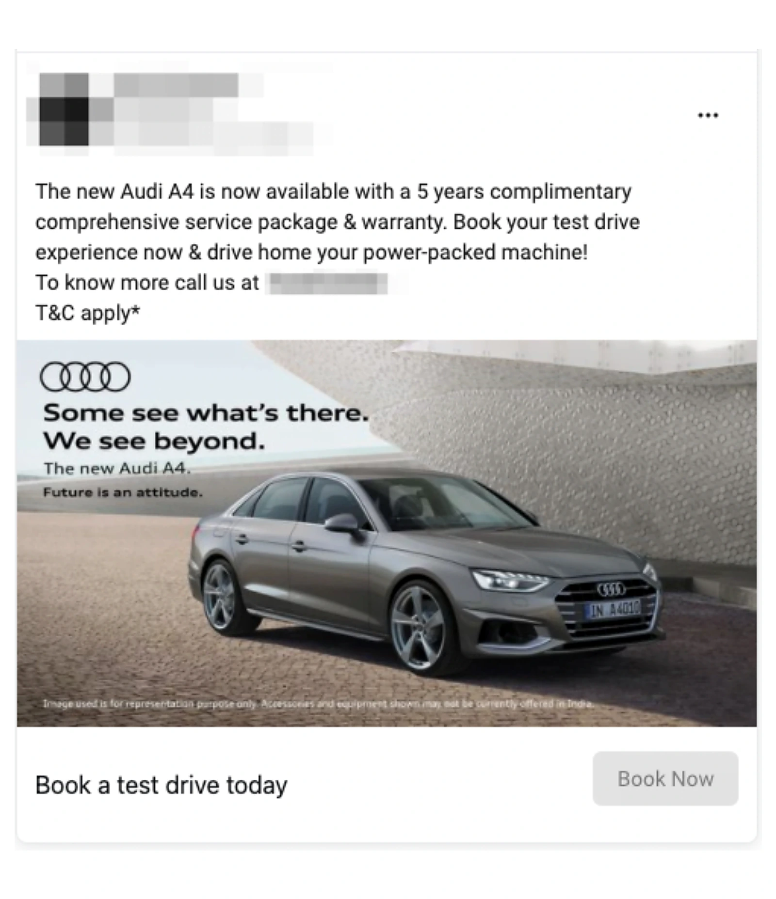 Facebook ad example for an Audi A4 with a five-year service and warranty offer