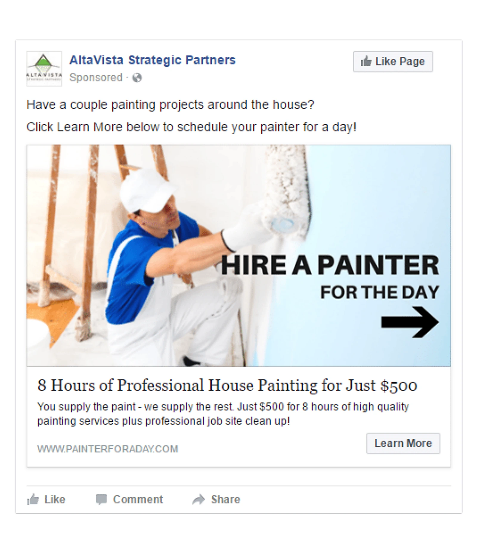 Facebook ad example offering a professional painter for a day for 500 dollars