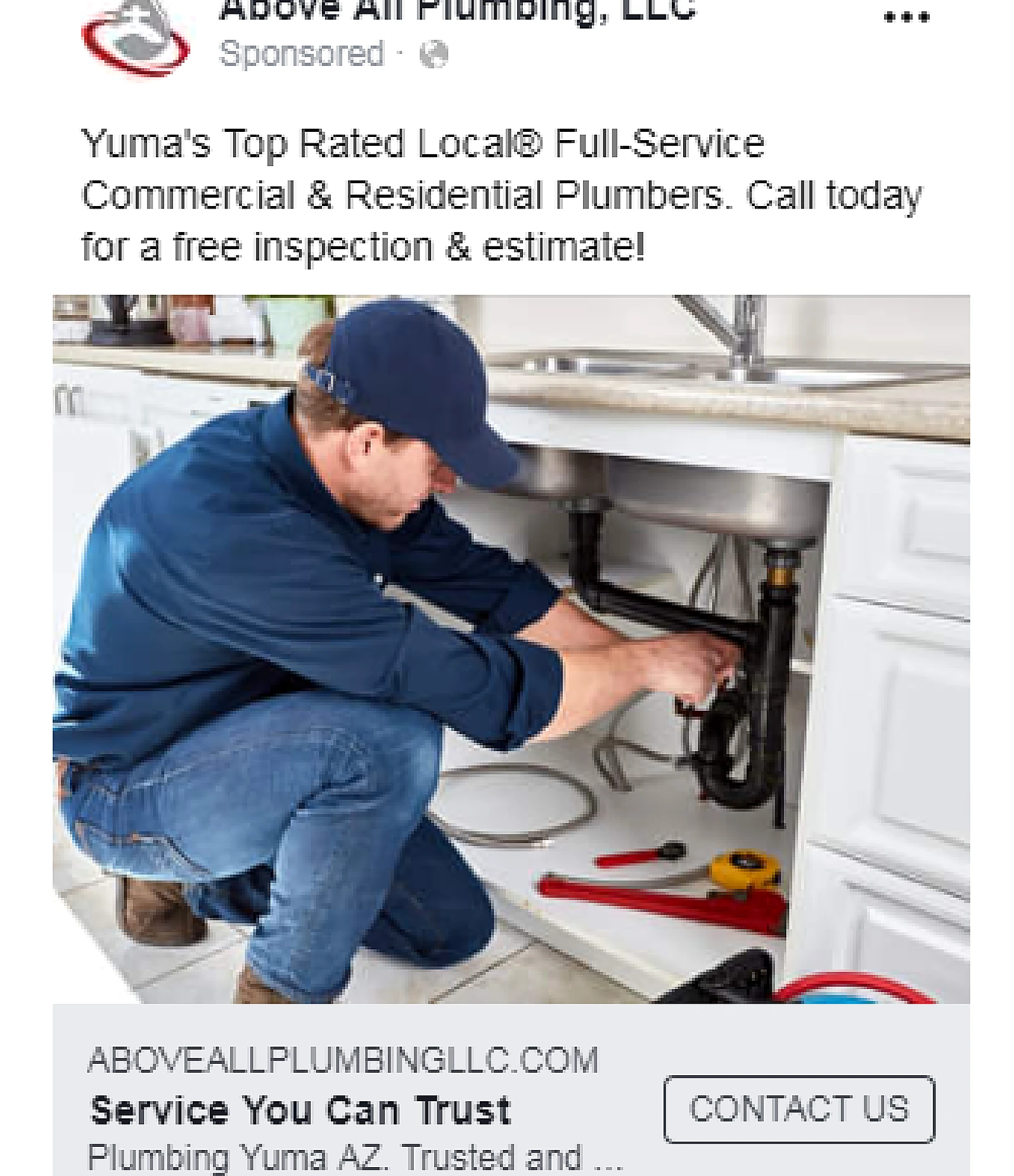 Facebook ad example for a local plumbing service offering a free inspection and estimate