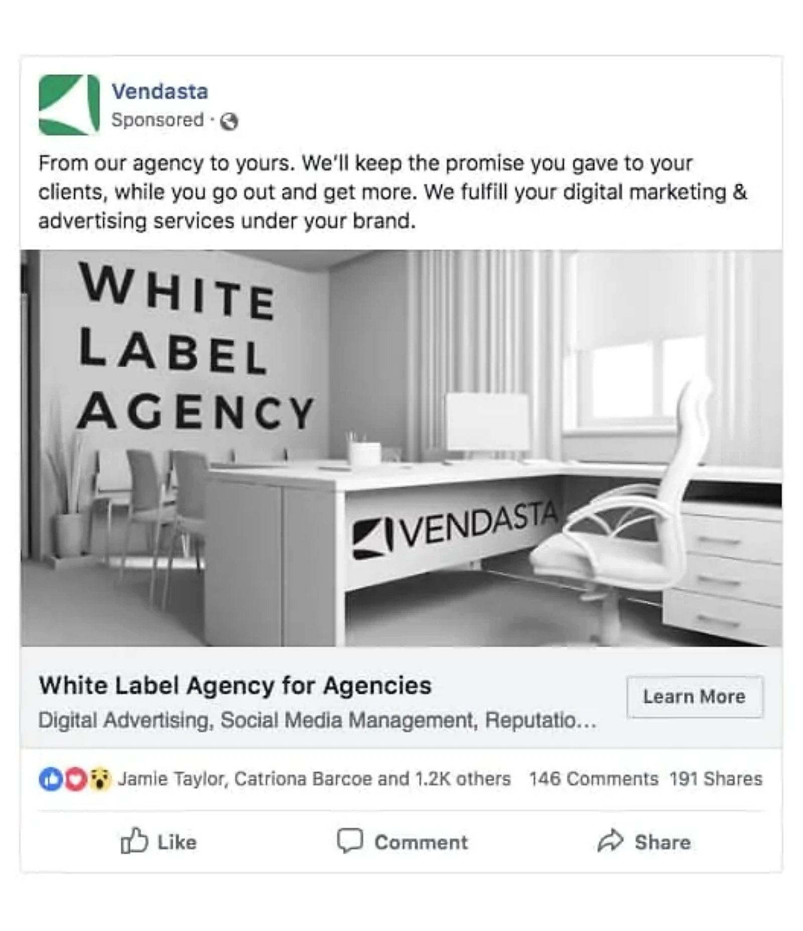 Facebook ad example promoting white-label digital marketing services for agencies