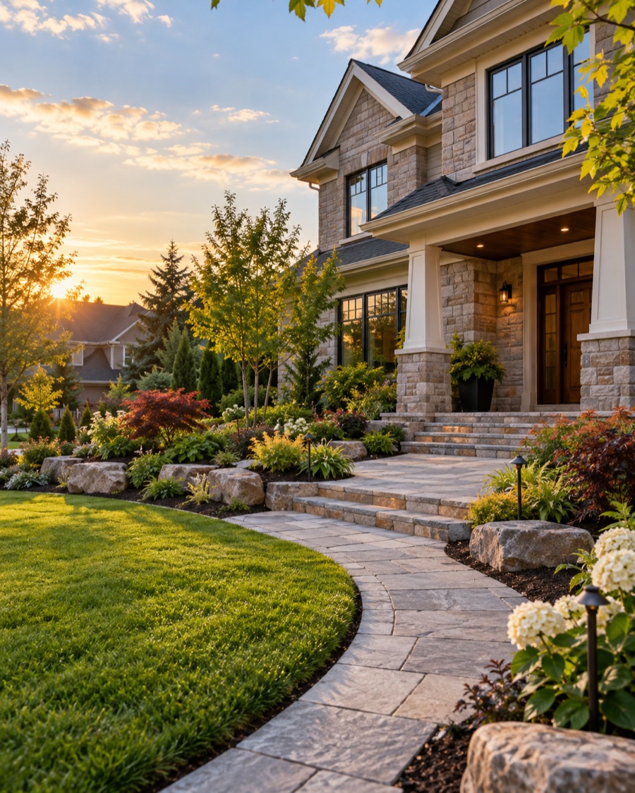 Professionally landscaped residential front yard