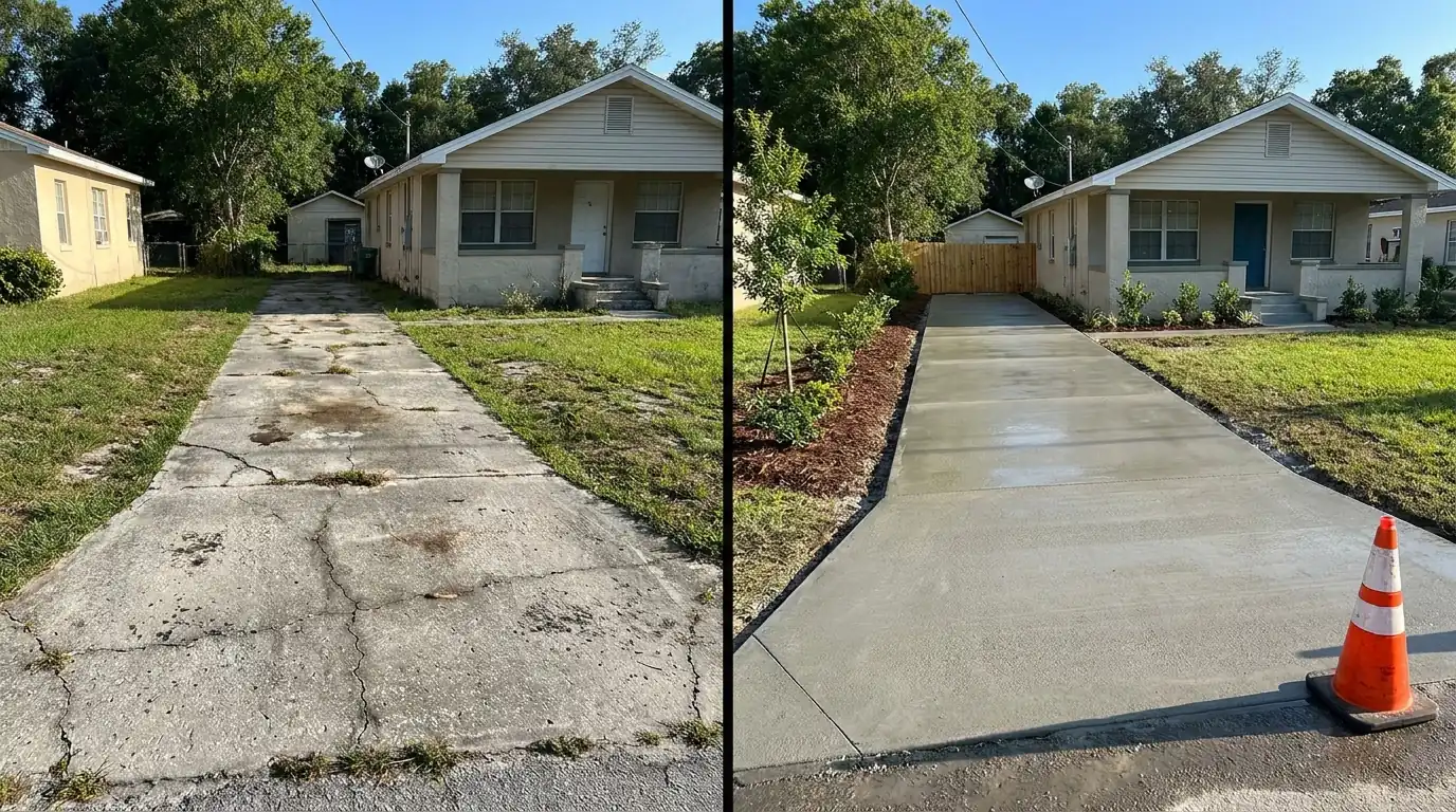 Cracked residential concrete driveway before replacement and newly poured concrete driveway after completion